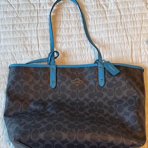 Coach Brown Signature Canvas Tote with Bright Blue Trim